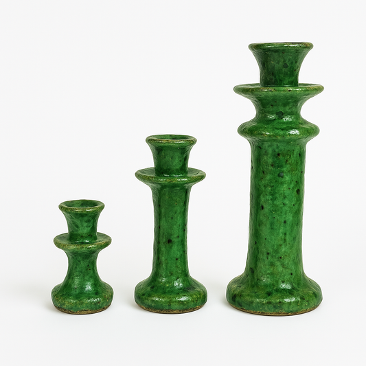 Set of 3 Moroccan Vintage Tamegroute Green Candlestick Holders