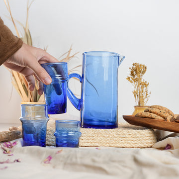 BLUE DRINKWARE SET - RECYCLED GLASS HANDMADE